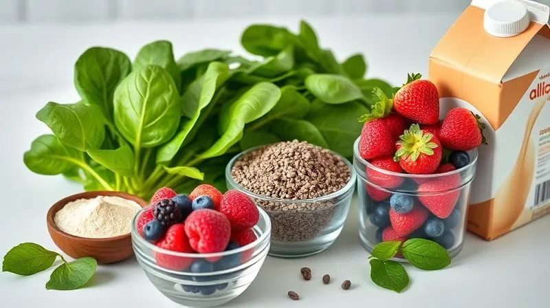 A beautifully arranged set of ingredients for a healthy smoothie: fresh spinach, a scoop of vanilla protein powder, a small bowl of chia seeds, a handful of vibrant mixed berries, and a carton of unsweetened almond milk, all in clear containers on a clean kitchen counter, photorealistic, professional photography, 8K, cinematic lighting, sharp focus, depth of field, shot on a high-end DSLR.
