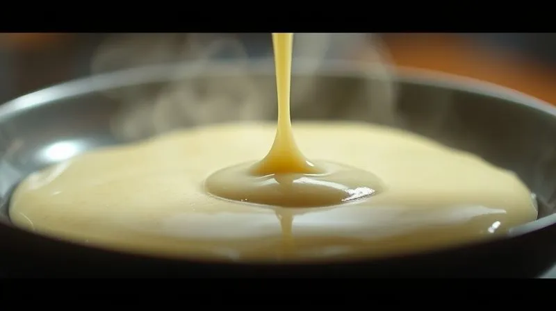 Photorealistic image of a creamy, rich sauce being poured over kasza, but with a subtle, almost ghostly overlay of a butter stick or a block of cheese, representing hidden fats. Cinematic lighting, sharp focus on the sauce, depth of field.