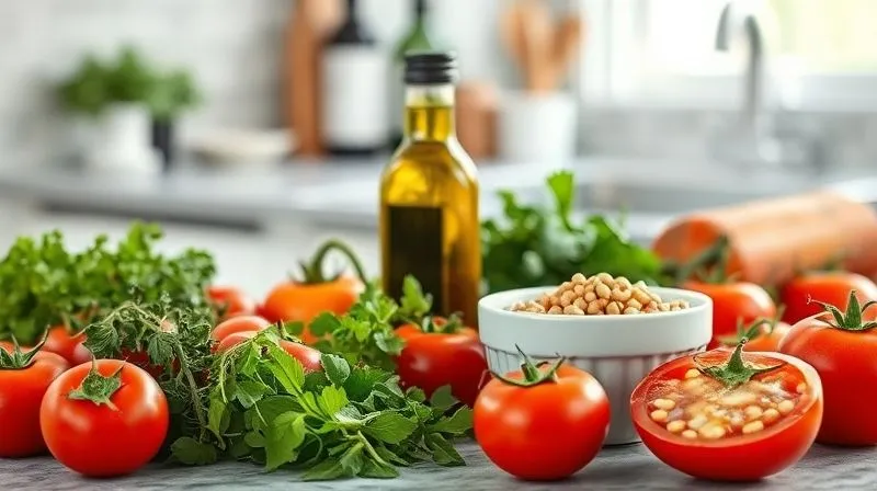 Photorealistic image of a kitchen counter with various healthy sauce ingredients laid out: fresh herbs, cherry tomatoes, olive oil, Greek yogurt, a small bowl of lentils. Bright, natural light, sharp focus on the ingredients, depth of field.