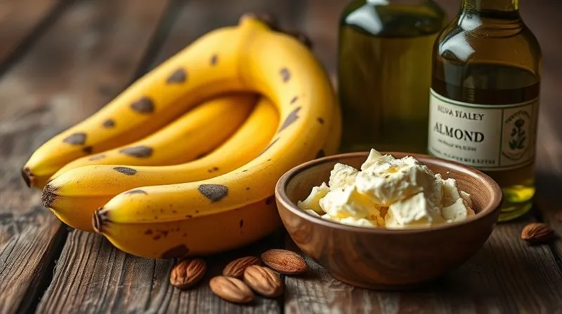 A close-up, photorealistic image of very ripe, dark-spotted bananas next to a bowl of creamy almond butter and a bottle of high-quality olive oil, on a rustic wooden surface, cinematic lighting, sharp focus, depth of field, 8K, professional photography, shot on a high-end DSLR.
