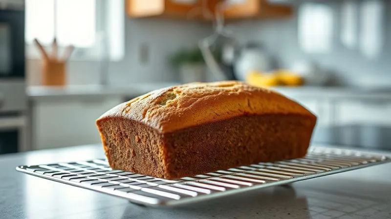 A professional photography shot of a perfectly baked banana bread cooling on a wire rack, with a subtle steam rising. The background shows a modern, clean kitchen. Cinematic lighting, sharp focus on the banana bread, depth of field, 8K, shot on a high-end DSLR.