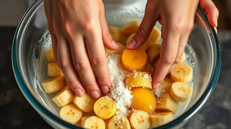 A photorealistic close-up of a chef's hands gently folding ingredients for banana bread in a large mixing bowl, showing ripe bananas, a splash of apple cider vinegar, and a sprinkle of salt. Cinematic lighting, sharp focus, depth of field, 8K, professional photography, shot on a high-end DSLR.