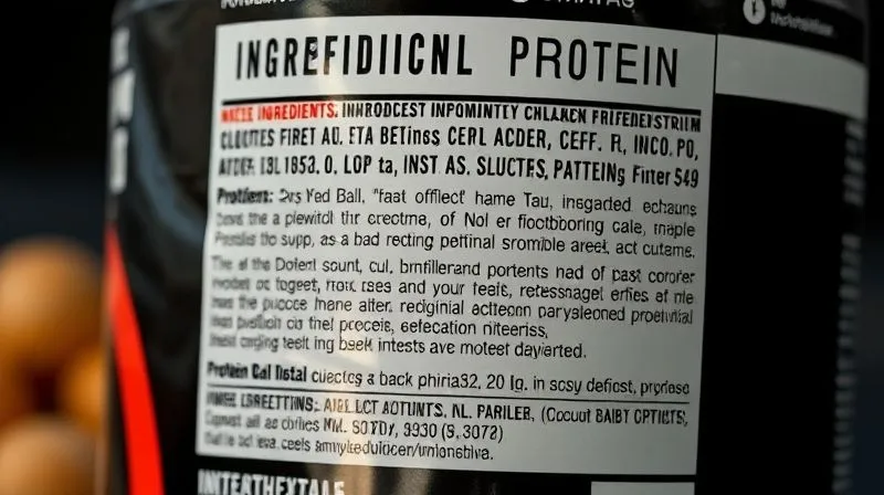Photorealistic image of an ingredient label on a protein ball package, with specific sugar names like 'maltodextrin' and 'glucose syrup' highlighted in a subtle, warning red, professional photography, 8K, cinematic lighting, sharp focus, depth of field, shot on a high-end DSLR.