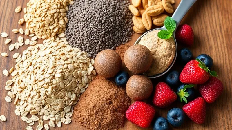 Photorealistic image of various healthy ingredients for protein balls laid out on a wooden table: oats, chia seeds, natural peanut butter, unsweetened cocoa powder, fresh berries, and a scoop of unflavored whey protein, professional photography, 8K, cinematic lighting, sharp focus, depth of field, shot on a high-end DSLR.