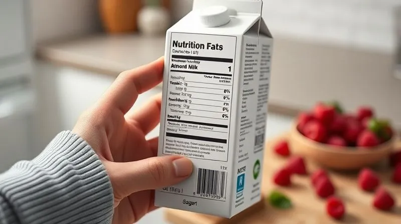 Photorealistic image showing a hand carefully reading a nutrition label on a carton of almond milk, highlighting the 'sugar' content. The background is a blurred kitchen counter with fresh raspberries. Professional photography, 8K, cinematic lighting, sharp focus on the label, depth of field.
