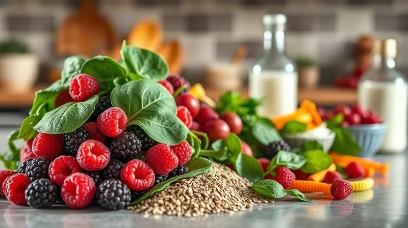 A photorealistic, professional photography of a kitchen counter with various smoothie ingredients. On one side, a pile of healthy options like fresh raspberries, spinach, chia seeds, and plain yogurt. On the other side, a subtle, blurred representation of unhealthy additions like a bottle of sugary syrup and a bowl of candy. Cinematic lighting, 8K hyper-detailed, sharp focus on the healthy ingredients, depth of field.