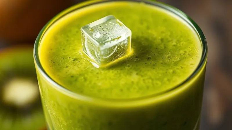 A close-up photorealistic image of a vibrant green kiwi smoothie, with a single, glistening sugar cube subtly dissolving into its surface, cinematic lighting highlighting the texture of the drink, sharp focus, depth of field blurring the background.