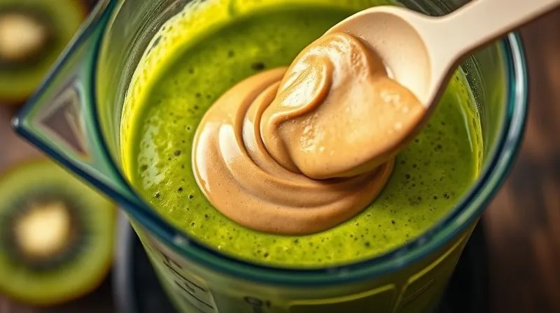 Photorealistic image of a blender filled with a green kiwi smoothie mixture, with a large, unmeasured scoop of peanut butter being added, creating a visible, dense swirl. Cinematic lighting, sharp focus on the ingredients, depth of field.