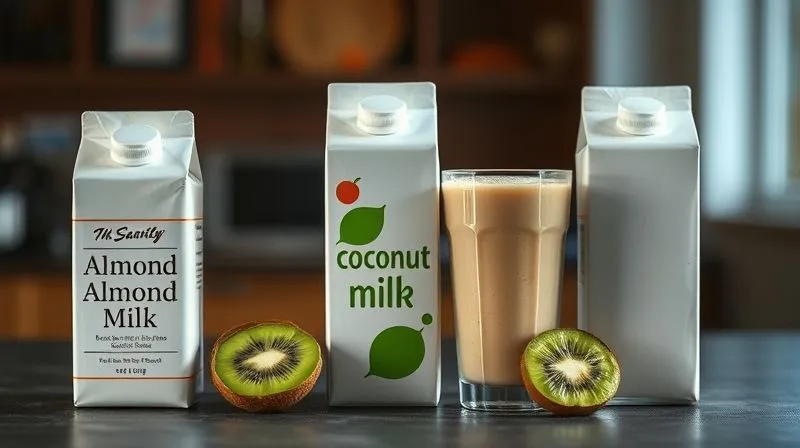 A photorealistic shot of various milk alternatives (unsweetened almond milk, coconut milk light, skim milk) lined up next to a glass of kiwi smoothie, with a traditional full-fat dairy carton blurred in the background, cinematic lighting, sharp focus on the healthy alternatives.