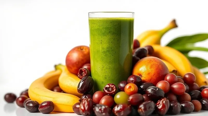 Photorealistic, professional photography, 8K, cinematic lighting, sharp focus, depth of field, shot on a high-end DSLR, a vibrant green smoothie in a tall glass, with an overflowing amount of various, ripe fruits (bananas, mangoes, grapes, dates) piled around it and slightly within, creating a sense of delicious excess but also hidden caloric density. The light is bright but emphasizes the abundance, with a subtle hint of a shadow suggesting a potential pitfall for weight loss.