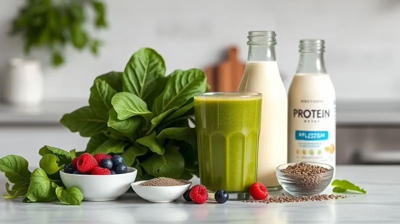 Photorealistic, professional photography, 8K, cinematic lighting, sharp focus, depth of field, shot on a high-end DSLR, an aesthetically pleasing layout of balanced green smoothie ingredients on a minimalist kitchen counter: fresh spinach, a small handful of mixed berries, a scoop of protein powder, a few chia seeds, a bottle of unsweetened almond milk, and a glass ready for blending. The scene emphasizes health, balance, and intentional preparation.
