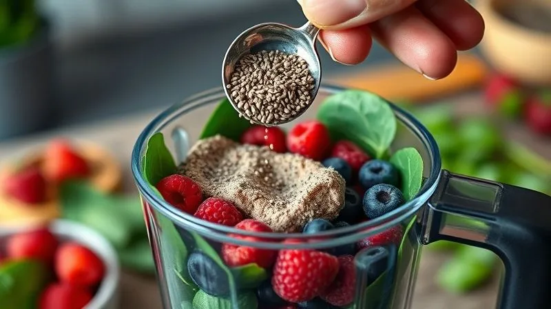 A close-up, photorealistic image of a hand adding a spoonful of chia seeds to a blender filled with spinach, berries, and a scoop of protein powder. The ingredients are vibrant and fresh, with cinematic lighting highlighting their textures. Sharp focus on the action, depth of field blurring the background of a modern kitchen, 8K hyper-detailed, professional photography, shot on a high-end DSLR.