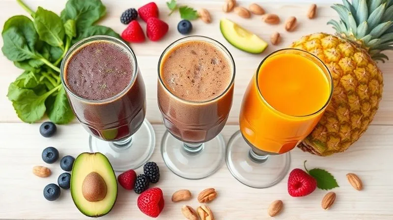 A vibrant flat lay, professional photography shot of three different colored smoothies in elegant glasses: one green, one purple, and one orange. They are surrounded by their fresh ingredients – spinach, berries, avocado, pineapple, nuts – artfully arranged on a light wooden background. Bright, natural lighting, sharp focus on all elements, 8K hyper-detailed, shot on a high-end DSLR.
