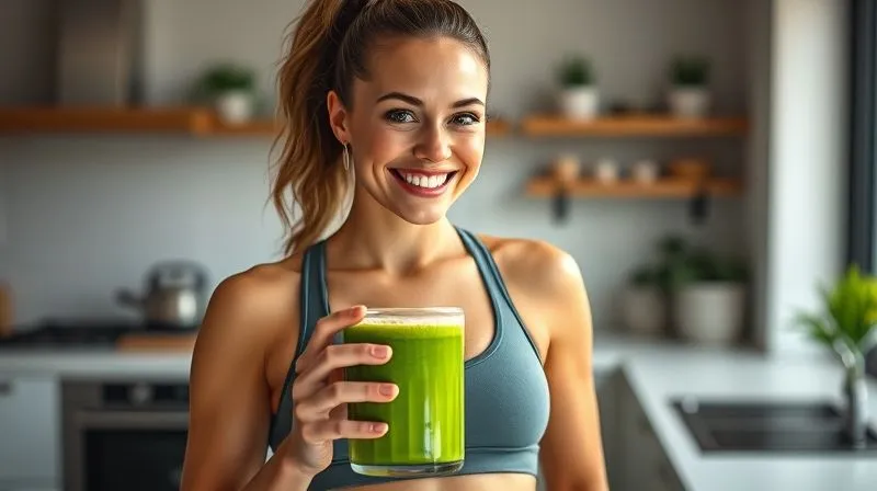 A photorealistic, professional photography image of a smiling woman in activewear, holding a vibrant green smoothie, looking energized and confident. She is standing in a bright, modern kitchen, with soft cinematic lighting. Sharp focus on her face and the smoothie, depth of field blurring the background. Emphasize health, vitality, and achievement, 8K hyper-detailed, shot on a high-end DSLR.