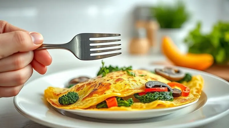photorealistic, professional photography, 8K, cinematic lighting, sharp focus on a perfectly cooked vegetable omelet with spinach, broccoli, bell peppers, and mushrooms, served on a modern white plate. A hand reaches in with a fork, ready to take a bite. The background is a bright, clean kitchen setting, depth of field blurring the background, shot on a high-end DSLR.