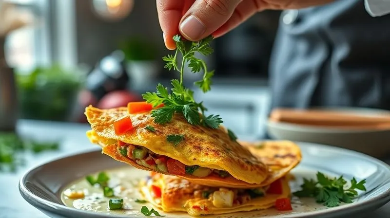 photorealistic, professional photography, 8K, cinematic lighting, sharp focus on a vibrant, colorful vegetable omelet being garnished with fresh herbs, held by a chef's hand. The omelet is rich with various chopped vegetables, emphasizing health and freshness. The background is a softly blurred modern kitchen, shot on a high-end DSLR.