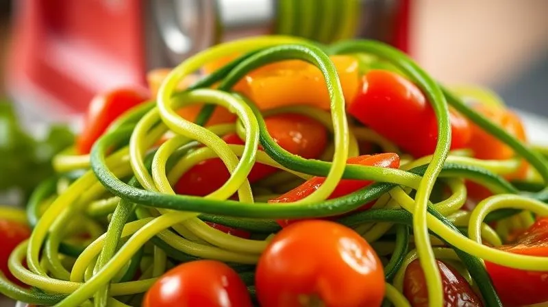 photorealistic, professional photography, 8K, cinematic lighting, sharp focus, depth of field, shot on a high-end DSLR. A close-up shot of vibrant green zucchini noodles intertwined with colorful bell peppers and cherry tomatoes, subtly glistening with a light vinaigrette. A spiralizer is visible in the soft-focus background, suggesting healthy preparation.