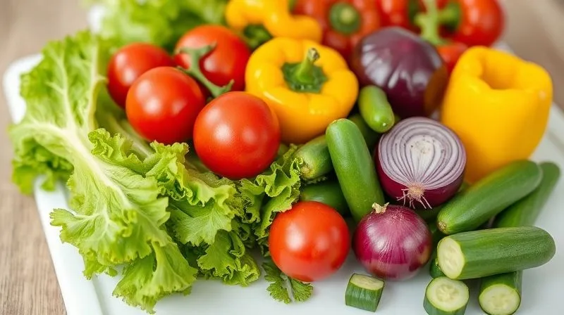 photorealistic, professional photography, 8K, cinematic lighting, sharp focus, depth of field, shot on a high-end DSLR. A vibrant, colorful array of fresh vegetables – crisp lettuce, bright red cherry tomatoes, yellow bell peppers, purple onions, and green cucumbers – artfully arranged on a white cutting board, suggesting preparation for a healthy salad.