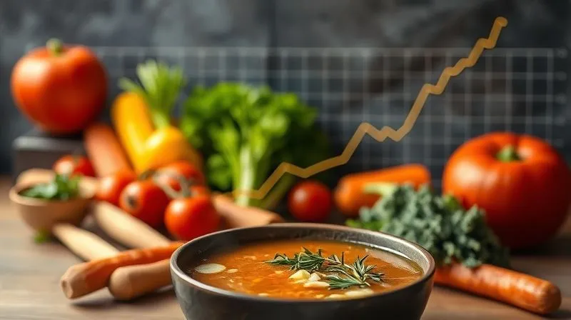 A photorealistic, professional photography image of a human metabolism chart with a flat line suddenly rising, symbolizing breaking a weight plateau. The chart is overlaid with fresh, vibrant vegetables and a steaming bowl of soup in the foreground. Cinematic lighting, sharp focus on the chart and soup, depth of field blurring the background, 8K hyper-detailed, shot on a high-end DSLR.