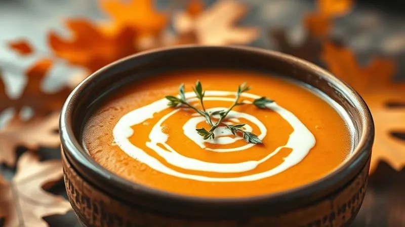 A photorealistic, professional photography image of a vibrant orange pumpkin soup garnished with fresh herbs and a swirl of cream, steaming gently in a rustic bowl. The background shows autumn leaves and warm, cinematic lighting. Sharp focus on the soup, depth of field blurring the background, 8K hyper-detailed, shot on a high-end DSLR, evoking feelings of warmth, health, and comfort.