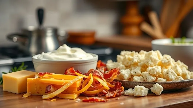 A photorealistic, professional photography shot of a kitchen counter with various unhealthy soup additions: a bowl of heavy cream, a block of cheddar cheese, greasy bacon strips, and a pile of white croutons, all rendered in a slightly desaturated, cautionary tone. Cinematic lighting, sharp focus on the ingredients, depth of field blurring a background of a healthy soup, 8K hyper-detailed, shot on a high-end DSLR, conveying a warning.