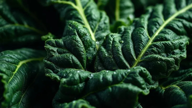 A close-up, photorealistic, professional photography shot of vibrant, fresh kale leaves, glistening with dew, on a dark, textured background. The leaves show intricate veins and rich green color, with cinematic lighting highlighting their natural texture. Sharp focus on the foreground leaves, with a gentle depth of field. 8K hyper-detailed, shot on a high-end DSLR, conveying freshness and vitality.