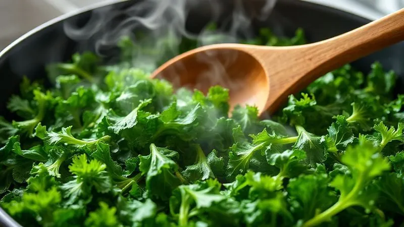 A close-up, photorealistic, professional photography shot of a pan filled with vibrant green kale, gently steaming, with wisps of steam rising. A wooden spoon stirs the leaves. The setting is a clean, modern kitchen, with soft, natural light illuminating the scene. Sharp focus on the kale, with a shallow depth of field. 8K hyper-detailed, shot on a high-end DSLR, conveying freshness and healthy cooking.