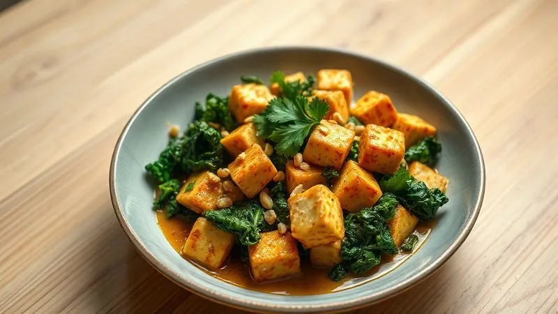 A vibrant, photorealistic, professional photography shot of a bowl of a hearty vegetarian dish featuring sautéed kale, golden pan-fried tofu cubes, and a rich peanut sauce, garnished with crushed peanuts and fresh cilantro. The dish is presented on a modern ceramic plate on a light wooden table, with soft, diffused cinematic lighting. Sharp focus on the food, with a shallow depth of field. 8K hyper-detailed, shot on a high-end DSLR, conveying deliciousness and healthy eating.