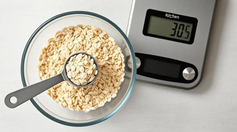 Photorealistic image of a digital kitchen scale weighing a precise portion of dry rolled oats in a bowl, with a measuring cup next to it, professional photography, soft natural light, 8K.