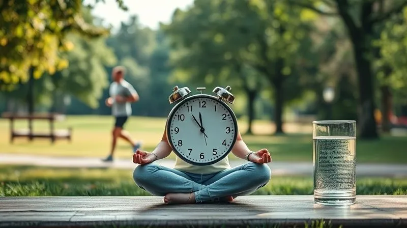 Photorealistic image depicting a balanced lifestyle: a person jogging in a park, another person meditating peacefully, a clock showing 8 hours of sleep, and a glass of water, all subtly integrated into a single harmonious scene, professional photography, cinematic lighting, 8K.