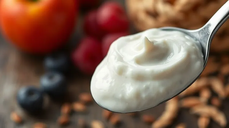 A close-up, photorealistic, professional photography of a spoonful of creamy natural Greek yogurt, highlighting its thick texture and a few tiny active probiotic bubbles. The background is softly blurred with a hint of fresh fruit and grains, suggesting health and vitality. Cinematic lighting, sharp focus, depth of field, 8K hyper-detailed, shot on a high-end DSLR.