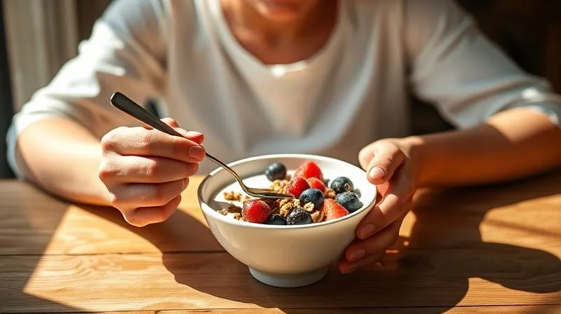 A photorealistic, professional photography of a person calmly eating a bowl of natural yogurt with berries and granola, sitting at a sunlit wooden table. Their hands are gently holding the spoon, and their gaze is focused on the food, conveying mindfulness and enjoyment. The background is softly blurred, emphasizing the peaceful act of eating. Cinematic lighting, sharp focus on the person and bowl, depth of field, 8K hyper-detailed, shot on a high-end DSLR.
