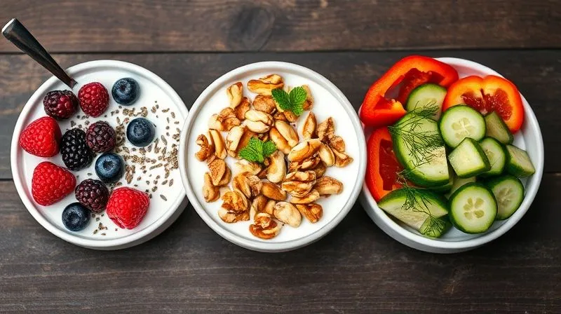A vibrant, photorealistic, professional photography of three distinct breakfast bowls with natural yogurt. One with colorful berries and chia seeds, another with crunchy walnuts and cinnamon, and a third savory option with diced cucumber, bell pepper, and fresh dill. Each bowl is perfectly lit with cinematic light, sharp focus, and a shallow depth of field, showcasing fresh ingredients. 8K hyper-detailed, shot on a high-end DSLR.