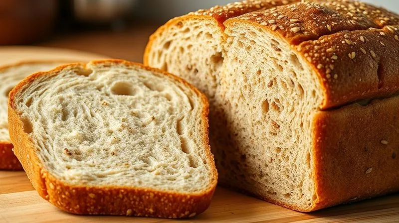 A close-up, photorealistic image of a slice of whole-grain bread next to a slice of white bread. The whole-grain bread is rich in texture with visible grains and seeds, while the white bread is smooth and uniform. A small, delicate hand is pointing to the whole-grain bread, emphasizing its healthy attributes. The background is a soft-focus kitchen environment, professional photography, 8K, cinematic lighting, sharp focus, depth of field, shot on a high-end DSLR.