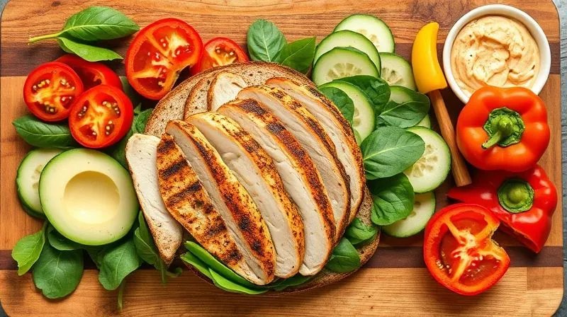 A vibrant, photorealistic flat lay image of various fresh, colorful sandwich ingredients laid out on a rustic wooden cutting board: slices of whole-grain bread, grilled chicken breast, avocado, spinach, sliced tomatoes, cucumber, bell peppers, and a small bowl of hummus. The composition is artistic and appealing, emphasizing freshness and health. Professional photography, 8K, cinematic lighting, sharp focus, depth of field, shot on a high-end DSLR.