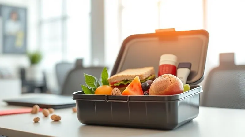 A professional, photorealistic image of a neatly organized, healthy lunchbox on a clean desk in an office environment. The lunchbox is open, revealing a whole-grain sandwich, a small container of fresh fruit, and a handful of nuts. The background shows a modern, bright office, suggesting a healthy and productive workday. Professional photography, 8K, cinematic lighting, sharp focus, depth of field, shot on a high-end DSLR.