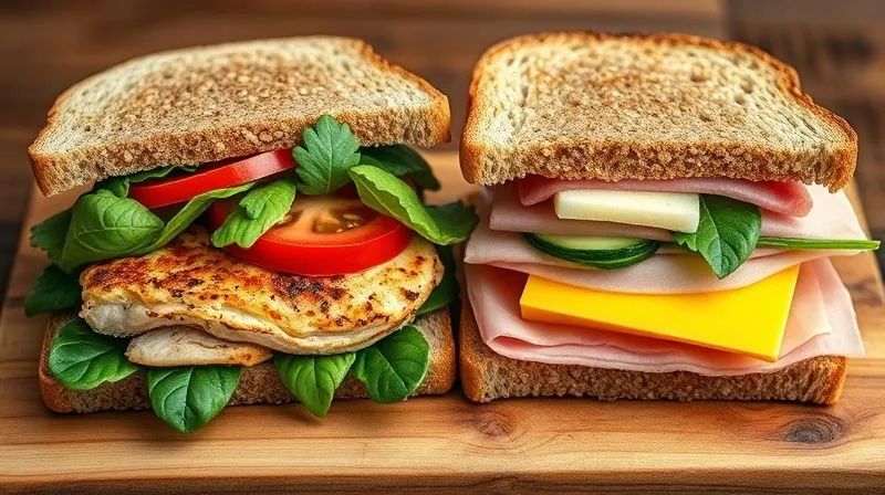 photorealistic, professional photography, 8K, cinematic lighting, sharp focus, depth of field, shot on a high-end DSLR, a vibrant comparison of two whole-grain sandwiches. One is overflowing with fresh, colorful vegetables like spinach, tomatoes, cucumbers, and lean grilled chicken. The other features thick slices of processed ham, yellow cheese, and a visible layer of butter. Both are on a rustic wooden board, emphasizing the stark contrast in healthiness.