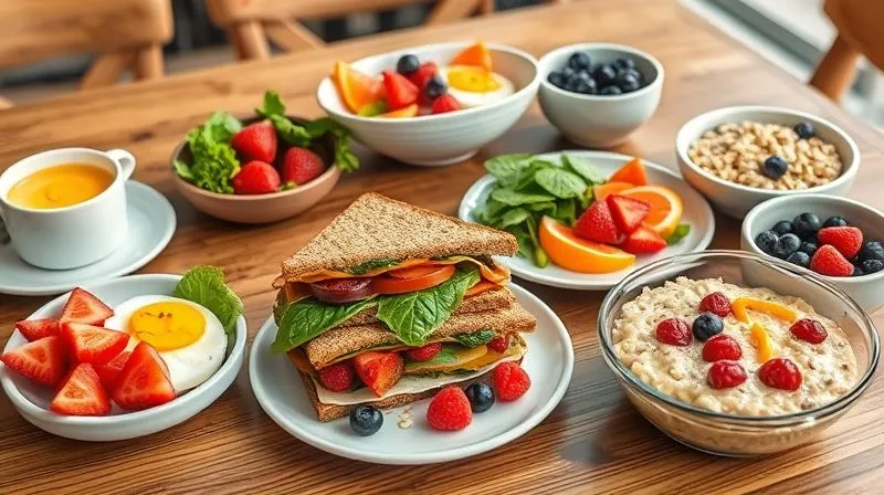 photorealistic, professional photography, 8K, cinematic lighting, sharp focus, depth of field, shot on a high-end DSLR, a visually appealing spread of diverse, healthy breakfast options on a large wooden table. Include a perfectly crafted whole-grain sandwich, a colorful fruit and yogurt bowl, a plate of scrambled eggs with vegetables, and a bowl of oatmeal with berries. The scene should be bright and inviting, emphasizing variety and abundance.