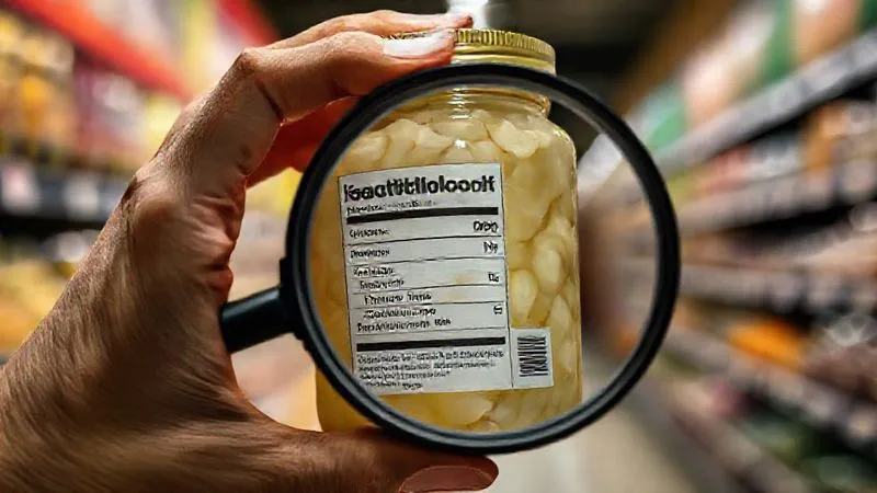 A close-up, photorealistic image of a hand holding a magnifying glass over the nutrition label of a jar of sauerkraut, highlighting the 'carbohydrates' and 'ingredients' sections. The background is a blurred grocery store aisle, professional photography, 8K, cinematic lighting, sharp focus on the label, depth of field, shot on a high-end DSLR.