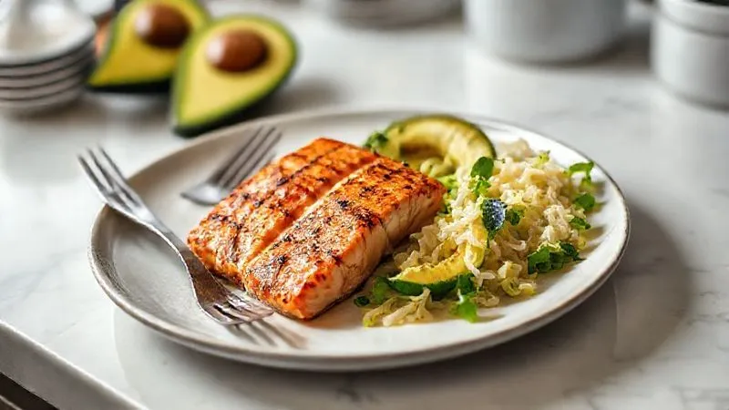 A vibrant, fresh keto meal featuring grilled salmon, avocado, and a side of bright sauerkraut, presented on a minimalist plate with elegant cutlery. The setting is a clean, modern kitchen, professional photography, 8K, cinematic lighting, sharp focus on the food, depth of field, shot on a high-end DSLR.