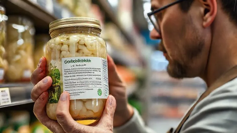 A photorealistic image of a person carefully inspecting the ingredients list on a jar of sauerkraut in a grocery store, with a focus on the 'no added sugar' or 'organic' label. The lighting is bright and natural, professional photography, 8K, cinematic lighting, sharp focus, depth of field, shot on a high-end DSLR.