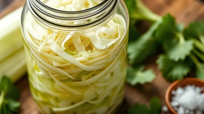 photorealistic, professional photography, 8K, cinematic lighting, sharp focus, depth of field, shot on a high-end DSLR, a close-up of a glass fermentation jar filled with shredded cabbage and brine, showing tiny bubbles rising, indicating active lactic acid fermentation. The background is a rustic wooden table with fresh cabbage leaves and sea salt, emphasizing the natural process.