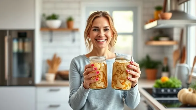 photorealistic, professional photography, 8K, cinematic lighting, sharp focus, depth of field, shot on a high-end DSLR, a woman in a modern kitchen, smiling, proudly holding a jar of homemade sauerkraut. The kitchen is bright and clean, emphasizing a healthy lifestyle and self-sufficiency.