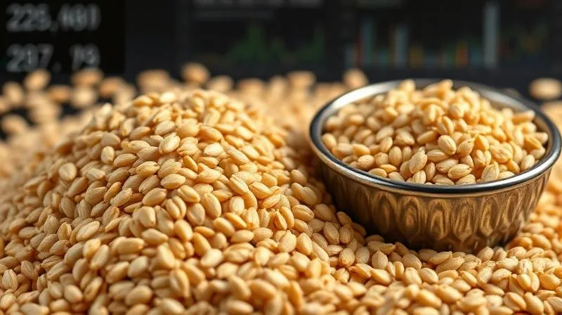 A close-up, photorealistic image of dry, raw buckwheat groats next to a small bowl of cooked buckwheat, highlighting its natural, wholesome texture, with scientific-looking data overlays in the background. Professional photography, 8K, cinematic lighting, sharp focus, depth of field, shot on a high-end DSLR.