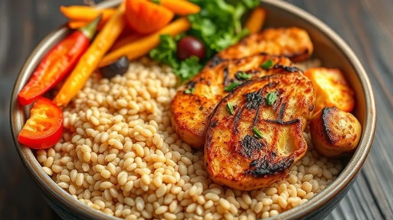 A vibrant, photorealistic image of a healthy, balanced lunch bowl featuring cooked buckwheat groats, colourful roasted vegetables, and grilled chicken or tofu, artfully arranged. Professional photography, 8K, cinematic lighting, sharp focus, depth of field, shot on a high-end DSLR.