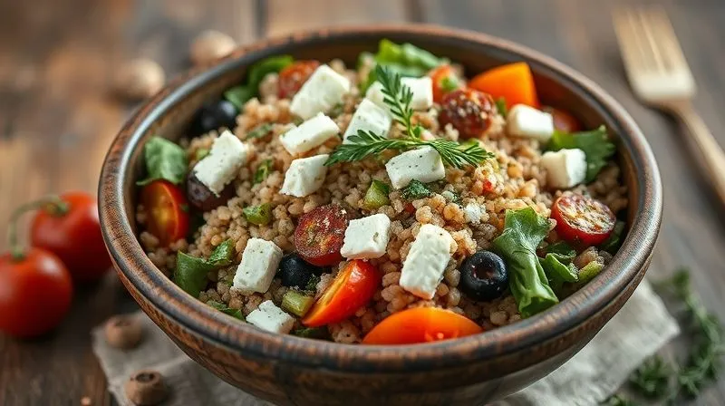A close-up, photorealistic image of a delicious and healthy buckwheat salad with fresh vegetables, feta cheese, and herbs, presented in a rustic bowl on a wooden table. Professional photography, 8K, cinematic lighting, sharp focus, depth of field, shot on a high-end DSLR.