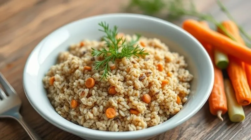 A photorealistic, professional photography, 8K, cinematic lighting, sharp focus, depth of field, shot on a high-end DSLR, of a beautifully plated bowl of gluten-free buckwheat, garnished with fresh dill, caraway seeds, and a side of lightly steamed carrots and zucchini. The image is bright, fresh, and emphasizes digestive comfort and healthy eating.