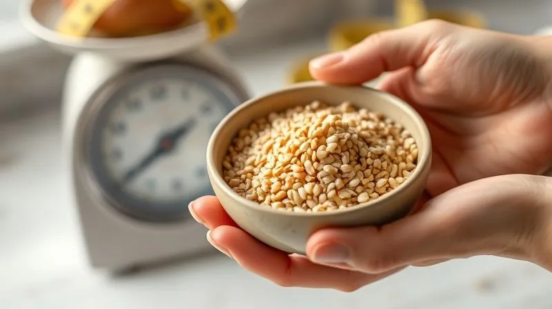 A close-up, photorealistic shot of a human hand holding a small bowl of cooked buckwheat groats, with a blurred background showing a kitchen scale and measuring tape. The lighting is soft and natural, emphasizing portion control and healthy eating habits. 8K, cinematic lighting, sharp focus on the bowl, depth of field blurring the background, shot on a high-end DSLR.