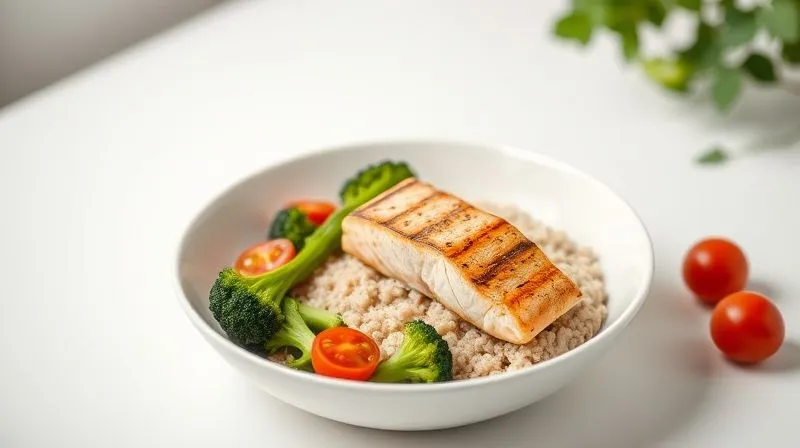 A professional studio shot of a perfectly balanced meal featuring a bowl of buckwheat with grilled salmon, steamed broccoli, and cherry tomatoes, beautifully arranged on a minimalist white plate. The lighting is bright and even, highlighting the fresh ingredients and healthy composition. 8K, cinematic lighting, sharp focus on the meal, depth of field blurring the background, shot on a high-end DSLR.