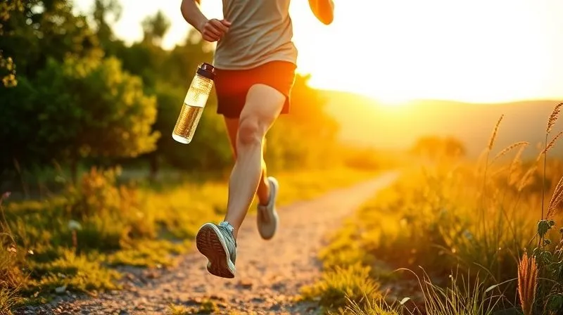 A dynamic, professional photography shot of a person jogging on a scenic trail at sunrise, with a water bottle in hand. The lighting is warm and golden, emphasizing energy and health. The background shows lush greenery and a clear sky, conveying a sense of vitality and well-being. 8K, cinematic lighting, sharp focus on the runner, depth of field blurring the background, shot on a high-end DSLR.